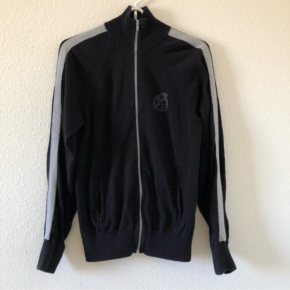 GUESS Black Gray Wool Blend Stripe sleeves Full Zip Sweater Women Small